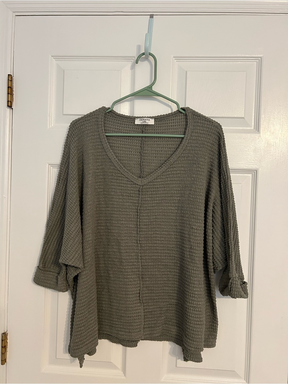 Zenana Outfitters Olive Waffle Knit V-Neck Pullover